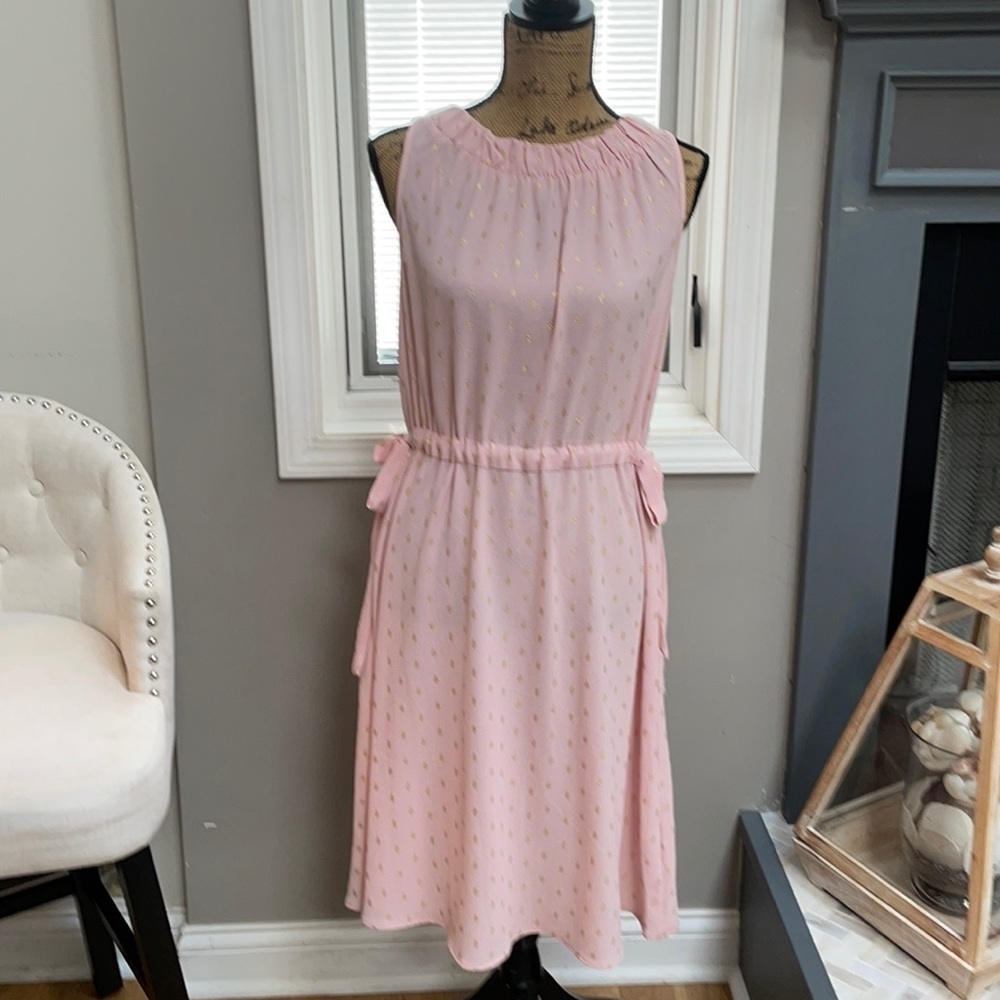 Pretty in pink and gold flowy dress.